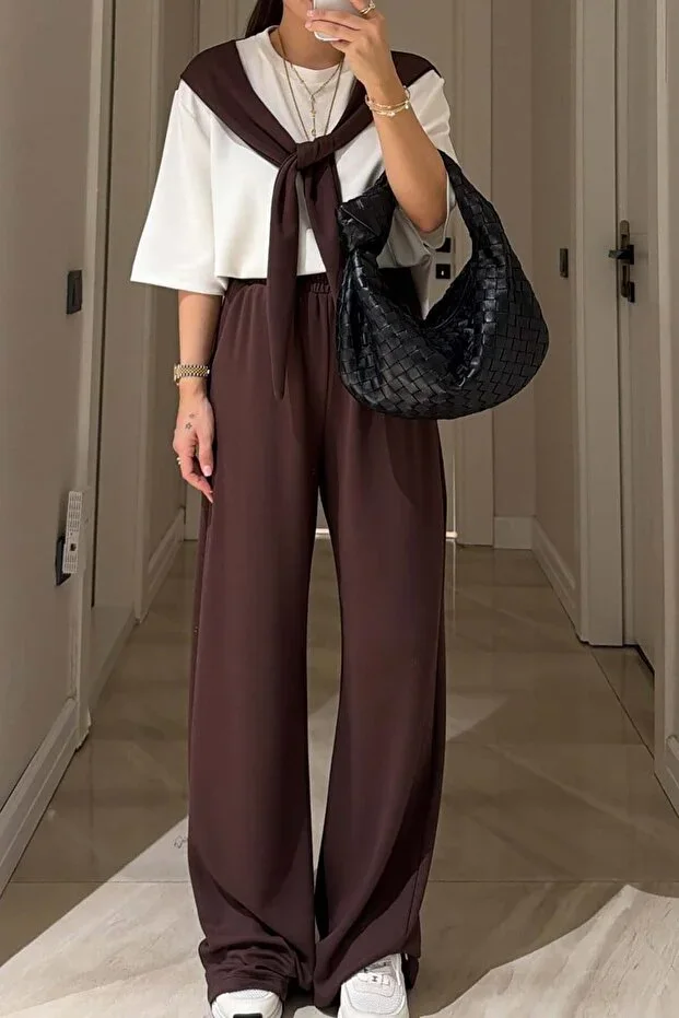 Women's Brown Oversize Scarf Detailed Modal Fabric Tracksuit Set ESR083