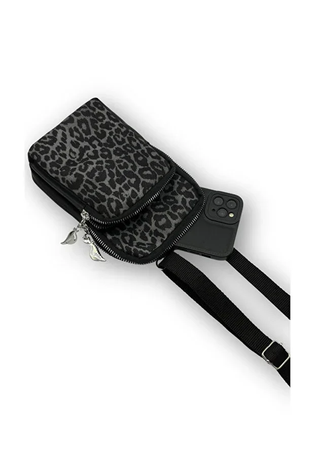 Women's Leopard Black 2 Compartment Phone Bag