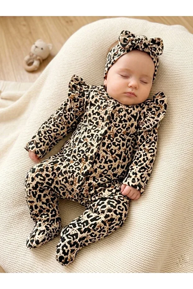 %100 COTTON 3-6-9 MONTHS BANDANA PRINTED SHOULDER RUFFLED LEOPARD PATTERNED ROMPER SET 2-PIECE SET BABY&CHILD SET