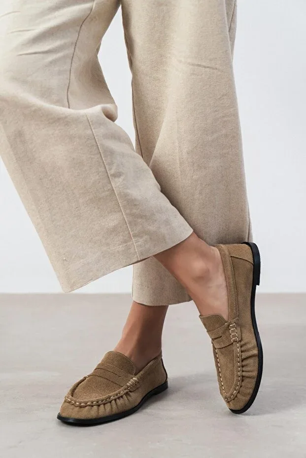 Elisha Rome Beige Genuine Suede Flat Sole Loafer Women's Shoes