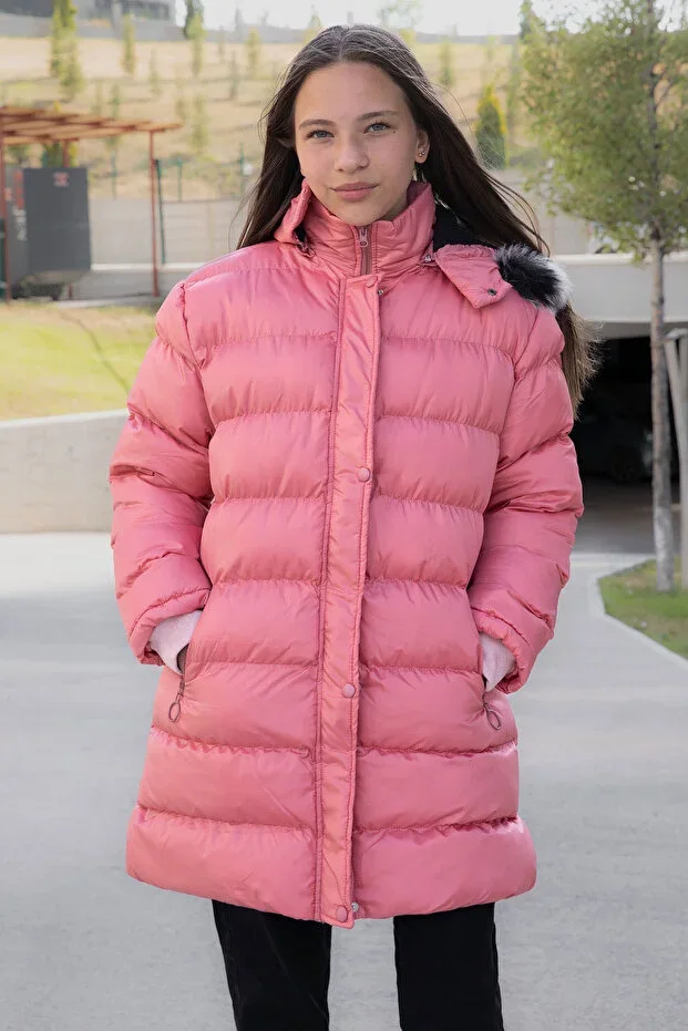 Pink Fur Lined Snap Hooded Girl Padded Jacket 21319