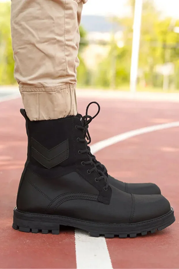 Black Leather Suede Detail Men's Boot 0012347