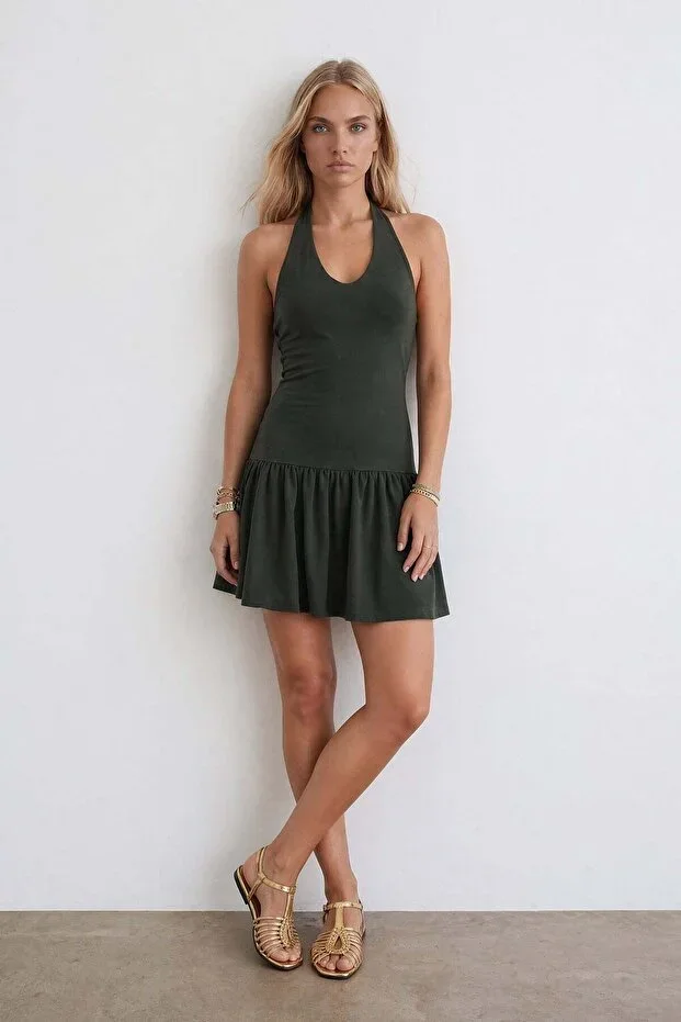 Khaki Dotted Drape Detailed 2 Piece Mini Sandy Dress with Shorts Alc-X15490