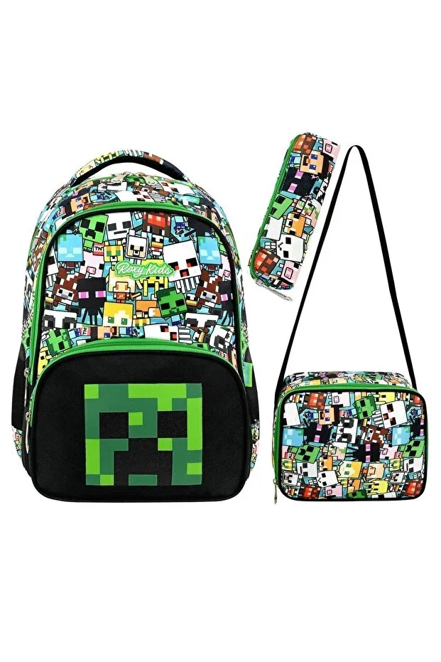 Mine Creeper 3-Piece Set Primary School Bag, Thermal Lunch Bag and Pencil Case Set