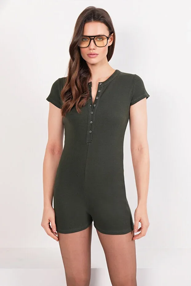 Khaki Round Neck Ribbed Short Sleeve Romper PJM-X13914