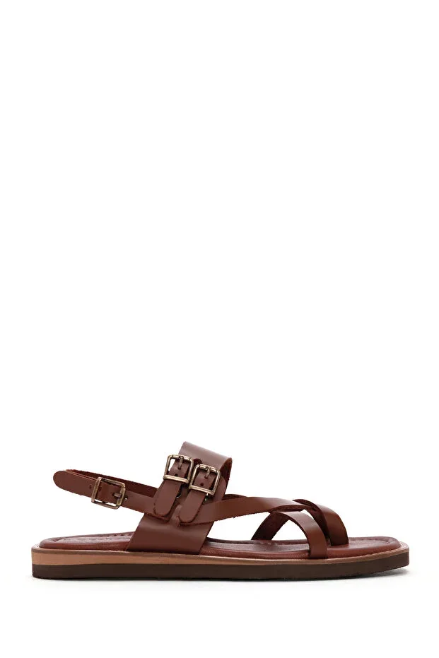 Women's Tan Ankle Buckle Toe Post Leather Sandal 26SFD360418