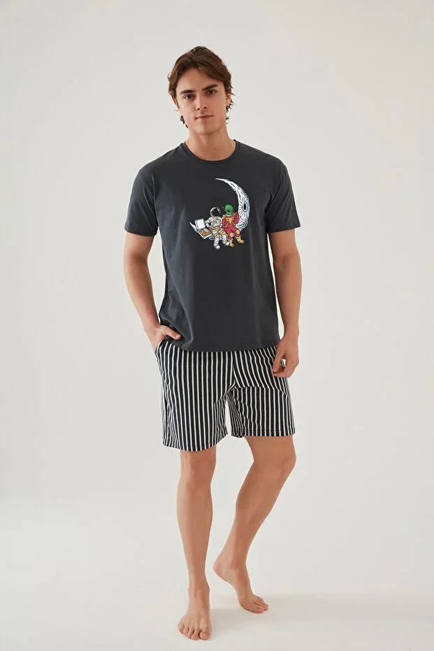 Men's Cotton Charcoal Printed Pocketed Shorts Pajama Set