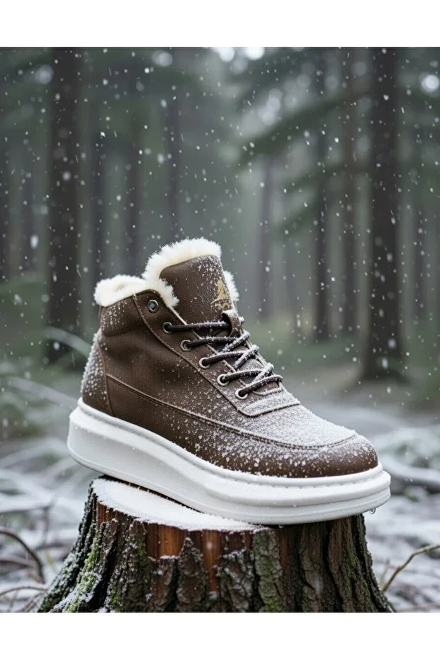 Men's Tan White Daily Faux Leather Lace-up Winter Boots Fur Lined Water Resistant Stylish Comfortable Postals
