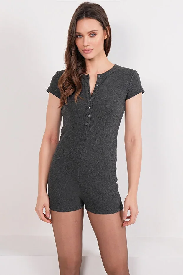 Anthracite Round Neck Ribbed Short Sleeve Romper PJM-X13914