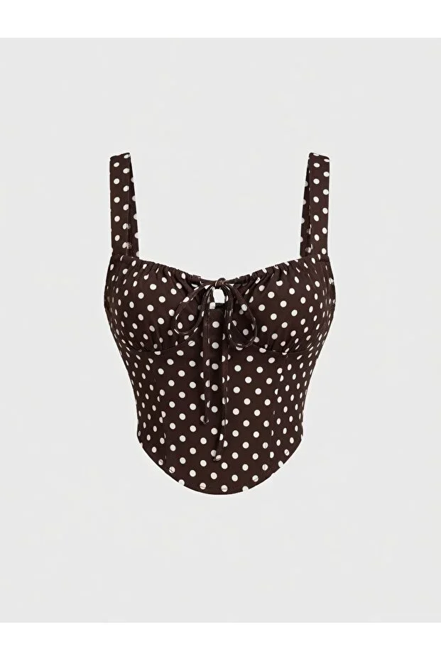 Brown Polka Dot Strappy Bustier Crop Blouse, Dark Brown Polka Dot Corset Shaped Crop Top