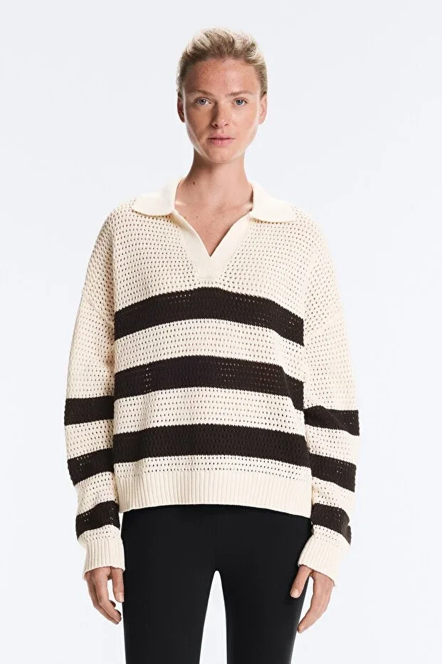 Oysho Long-sleeved 100% cotton striped openwork knit polo neck