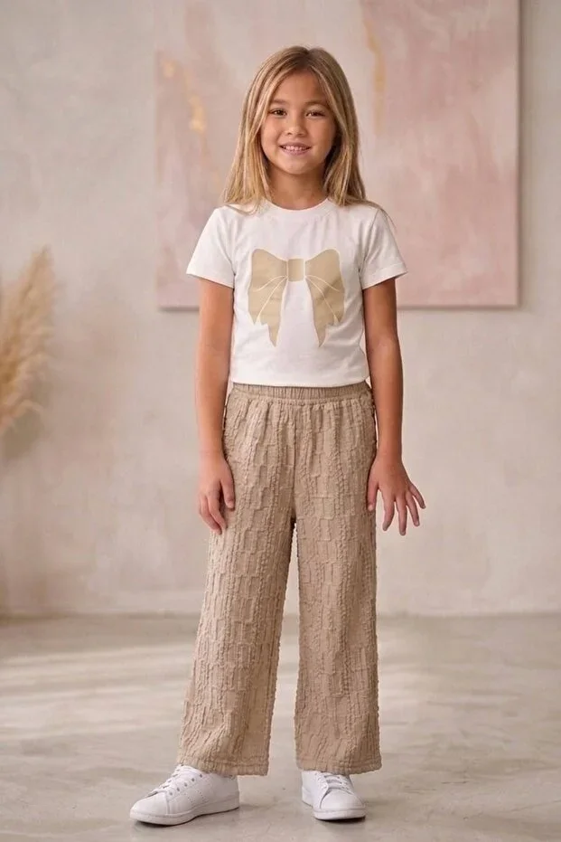 Ribbon Printed Beige Cotton Girls' Set