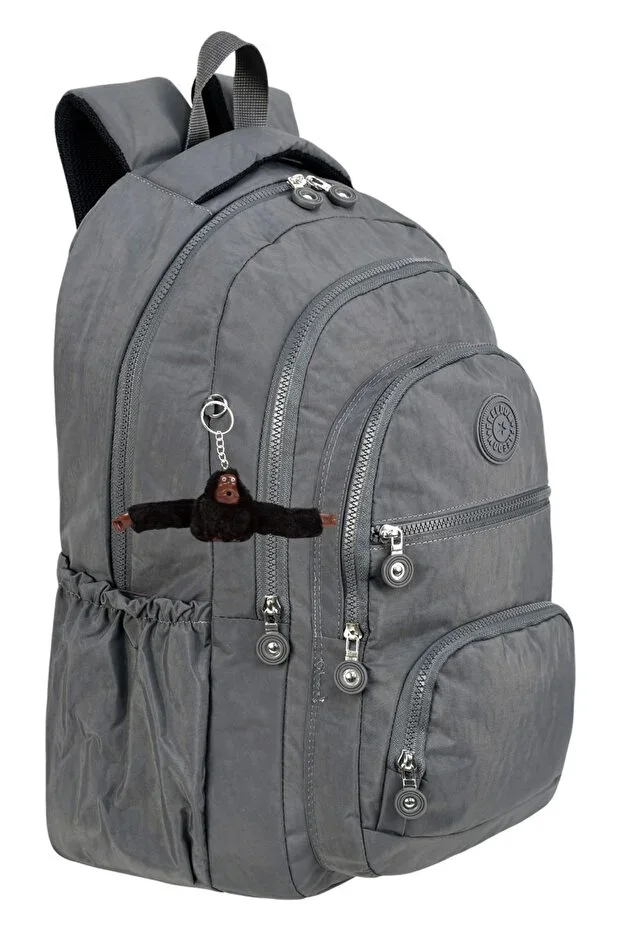 5 Compartment Luxury Crinkle Fabric High School and Middle School Backpack + Monkey Keychain Gift