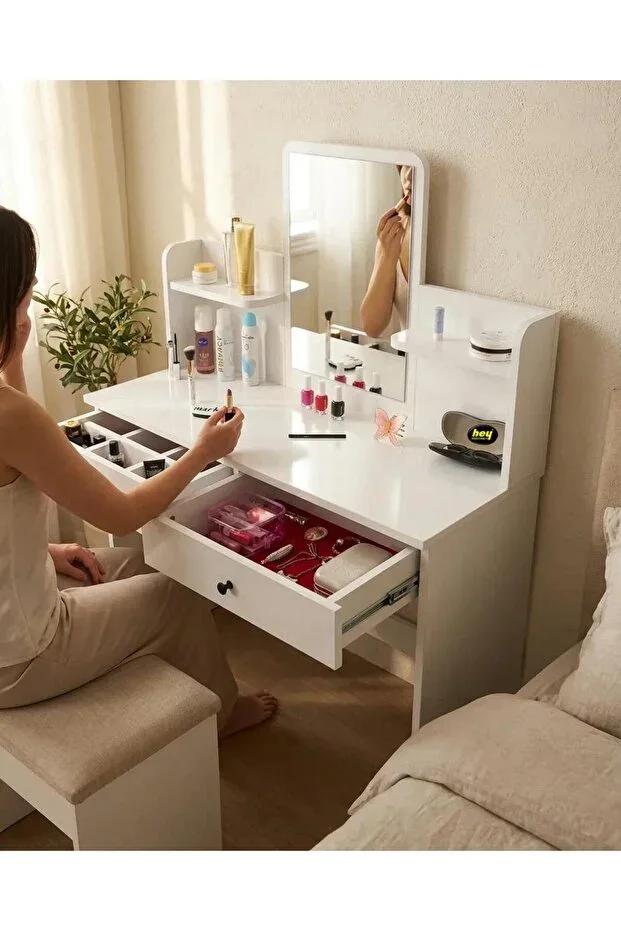 Makeup Table Dressing Table with Mirror, 2 Drawers, Jewelry Organizer and Shelf Organizer, White, 104 cm