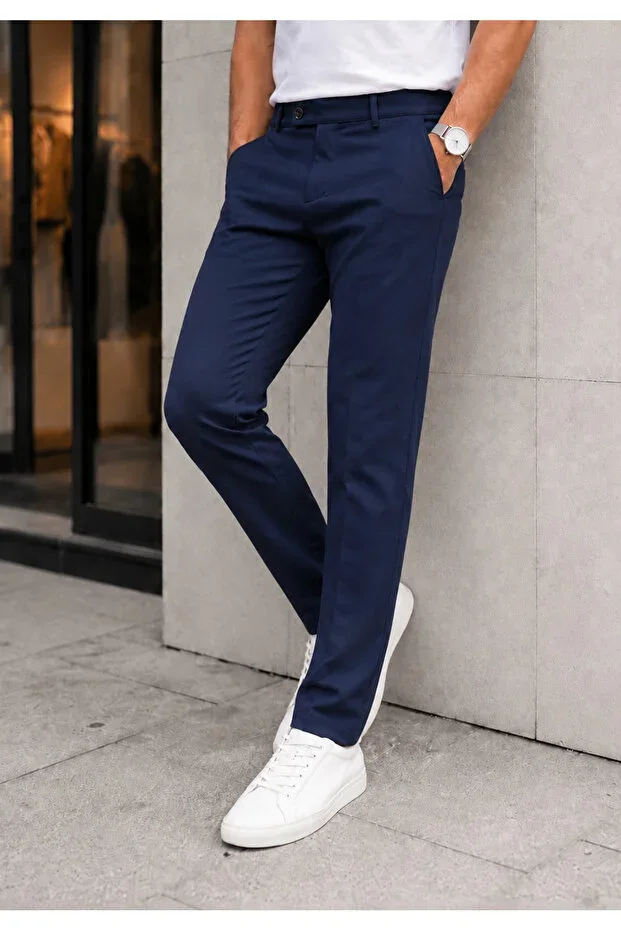 Men's Navy Blue Slim Fit Stretch Lycra Fabric Trousers