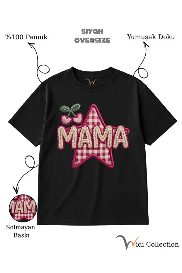 Coquette Style "Mama" Print Black Oversize 100% Cotton T-shirt