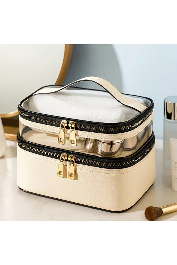 Women's Makeup Bag Beige Leather Transparent Practical Stylish Double Compartment Zippered Travel Makeup Bag