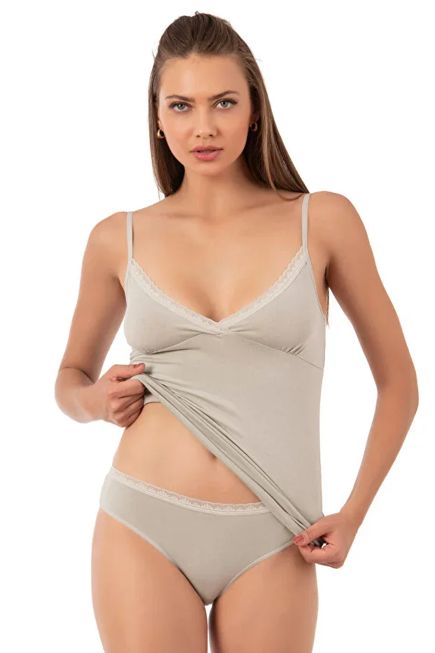 ÖZKAN underwear 27027 Women's Cotton Lycra Modal Stretchy Comfortable Thin Strap Tank Top Panty Lingerie Set