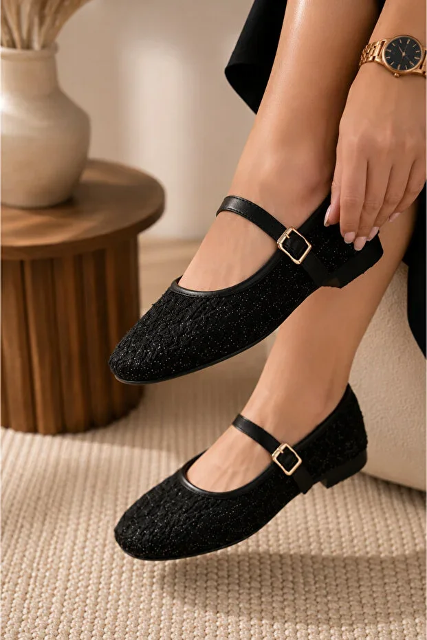 Women's Black Tweed Fabric Buckled Strap Ballet Flats Chic Lightweight Comfortable Daily