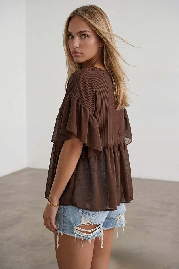 Brown Skirt And Sleeve Chiffon Ruffle Knit Blouse Alc-X15513