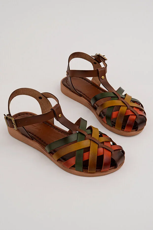 Women's Brown Leather Powder Daily Sandal