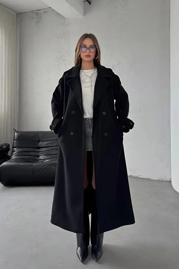 Black Belted New Season Lined Premium Quality Relaxed Fit Women's Wool Coat Jacket