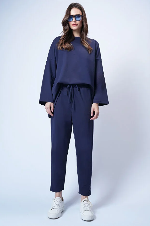 Women's Navy Blue Round Neck Asymmetric Cut Oversize Sweatshirt and Pants Set ALC-X13270