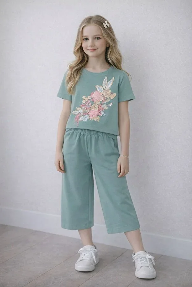 Printed Girls' Summer T-shirt Pants Set
