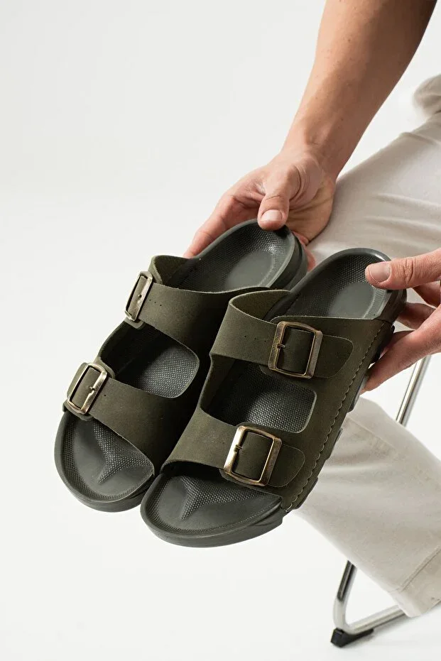 Khaki Summer Men's Double Buckle Soft and Comfortable Slippers