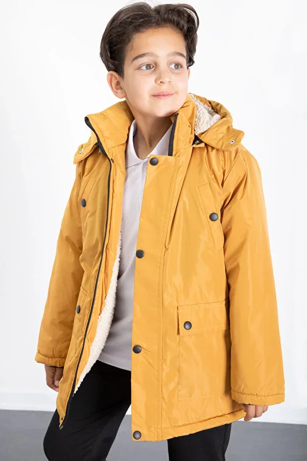 Mustard Faux Fur Lined Basic Boys Puffer Jacket with Removable Hood 21440