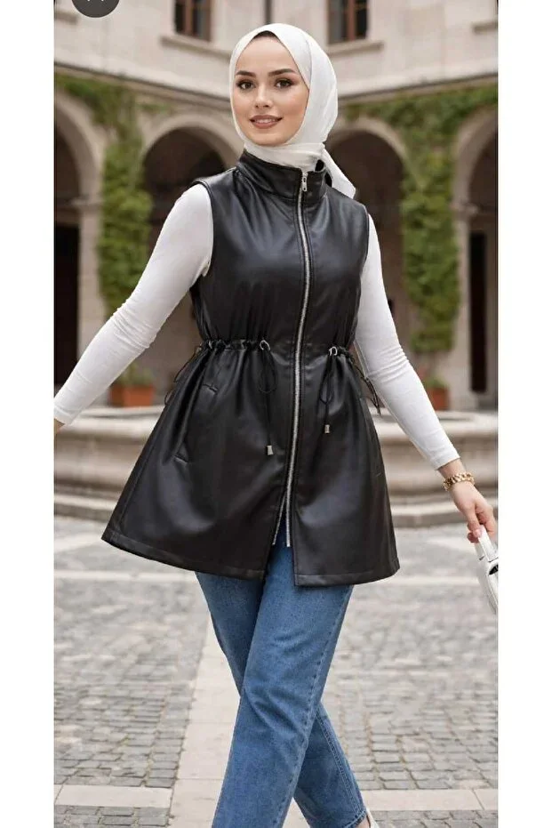 Women's Leather Zipper Long Modest Vest Sporty Chic Vest Black Pocketed