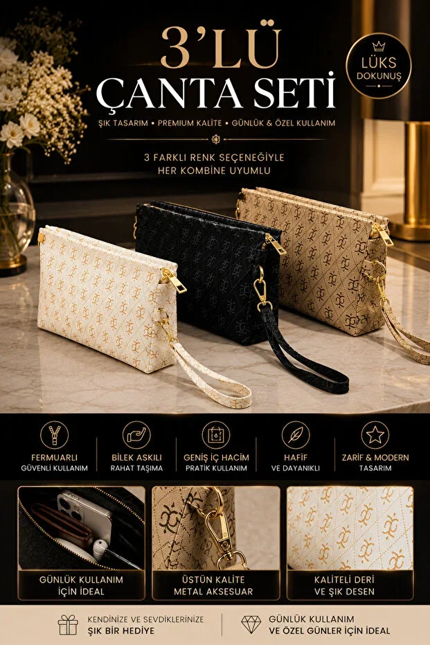 3-Piece Women's Handbag Set Luxury Patterned Zippered Wallet Bag - Women's Accessories