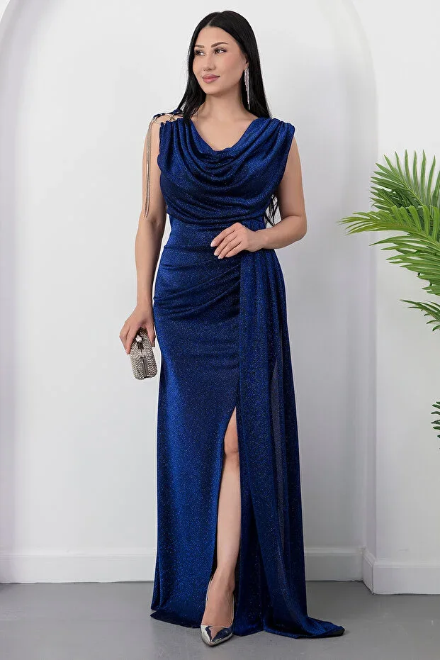 PULLIMM Shoulder Accessory Glittering Boat Neck Dress 39878