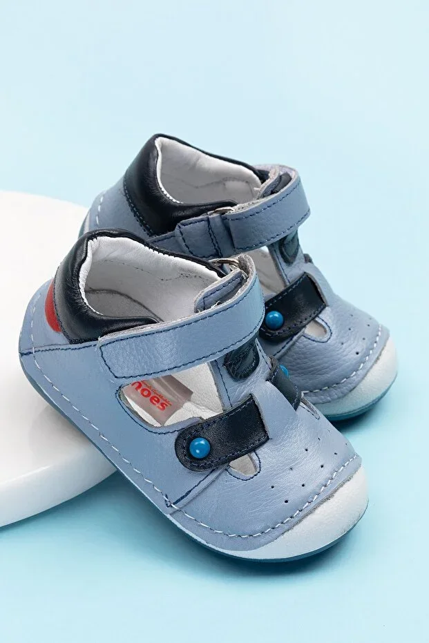 Genuine Leather Solo Ice Blue First Step Orthopedic Men Baby Sandal Casual Walking Shoes
