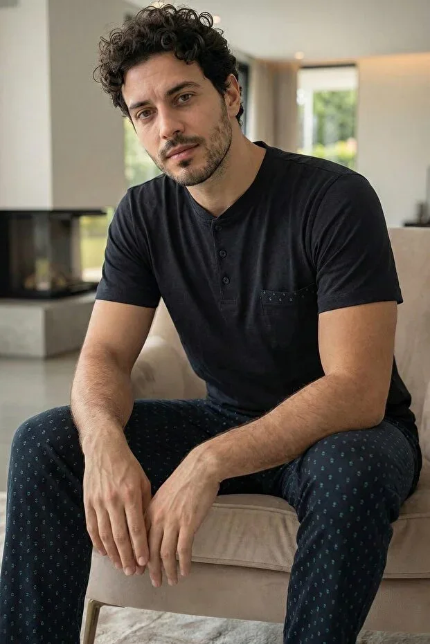 Midnight Black Short Sleeve Pocket Detailed Elegant Men's Pajama Set