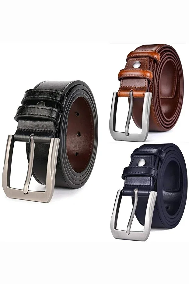 Men's Leather Belt 3-Piece Black Brown Navy Stitched 4 Cm