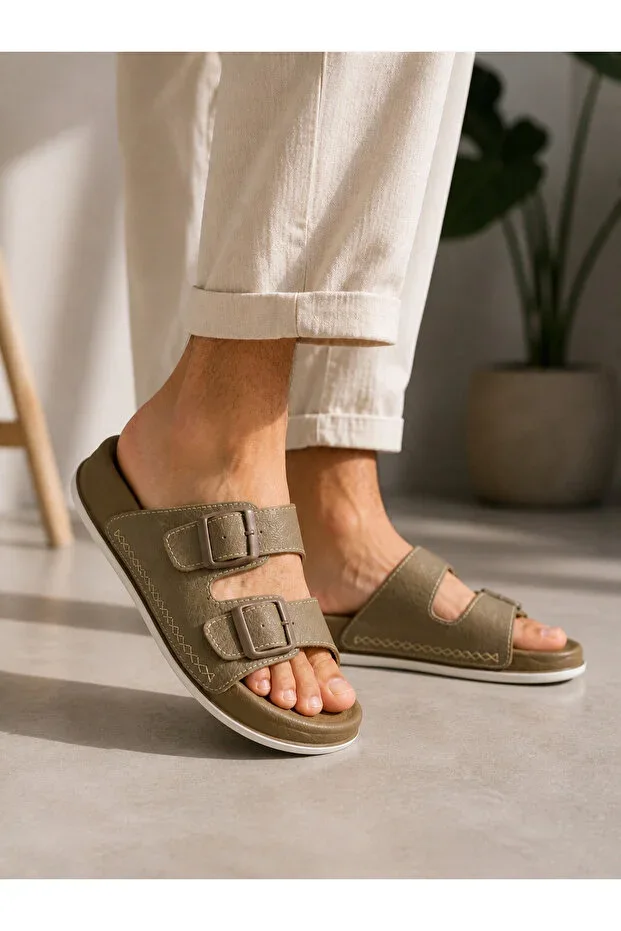 Men's Beige Double Buckle White Stitched Anatomical Smoked Leather Casual Slippers