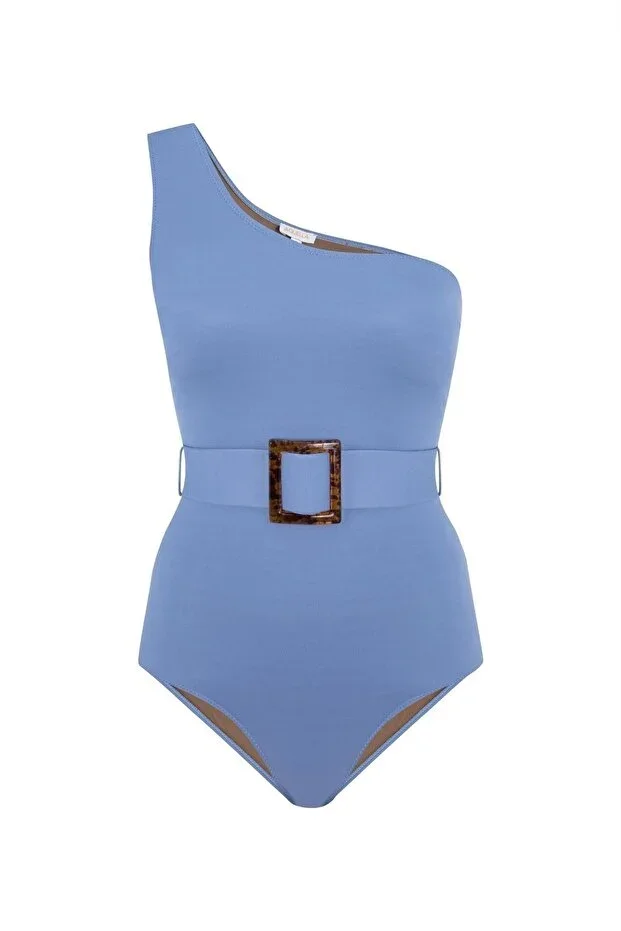 One Shoulder Belted Blue Swimsuit