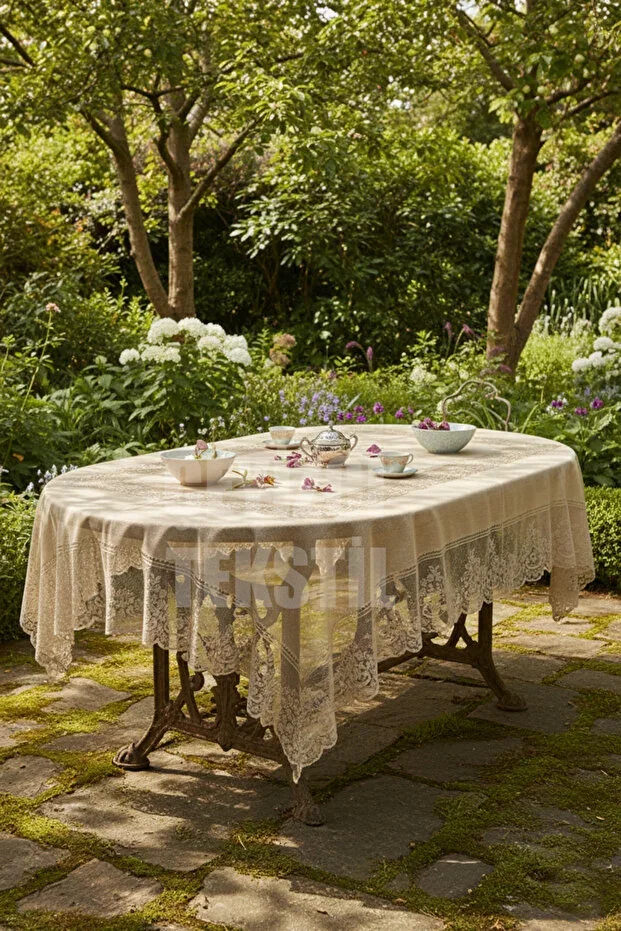 Patterned Stain-Resistant Lace-Trimmed Tablecloth, Tile Pattern Tablecloth - Coffee