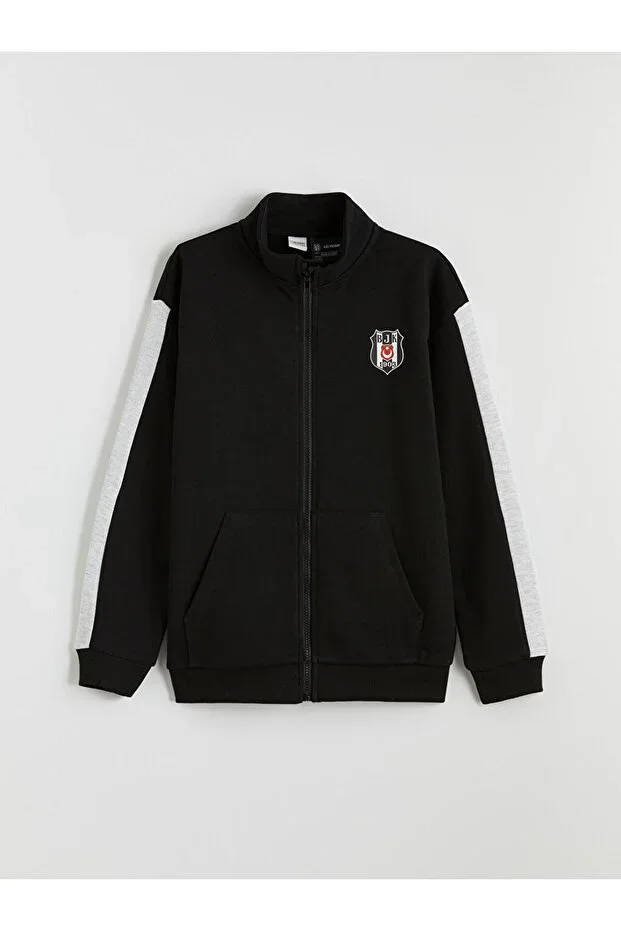 Black Stand-Up Collar Besiktas Printed Boys' Zip-Up Sweatshirt