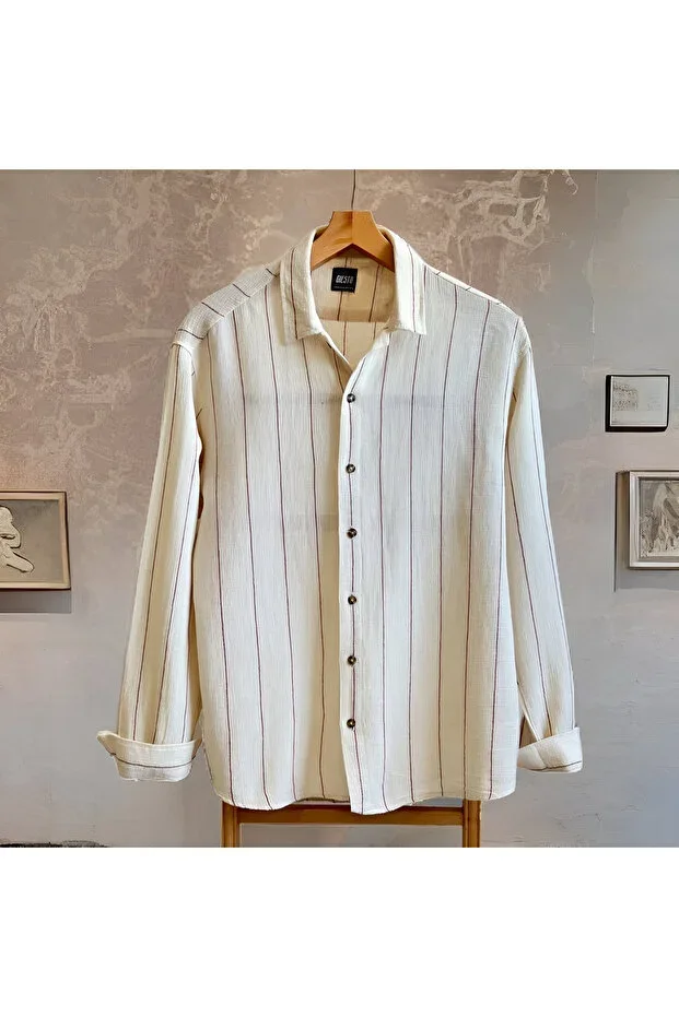 Cream Men's Oversize Shirt Collar Linen Long Sleeve Summer Shirt