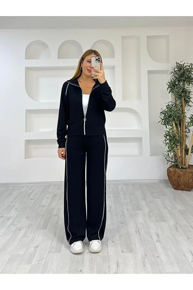 Modal Fabric Striped Wide Leg Zippered Tracksuit Set