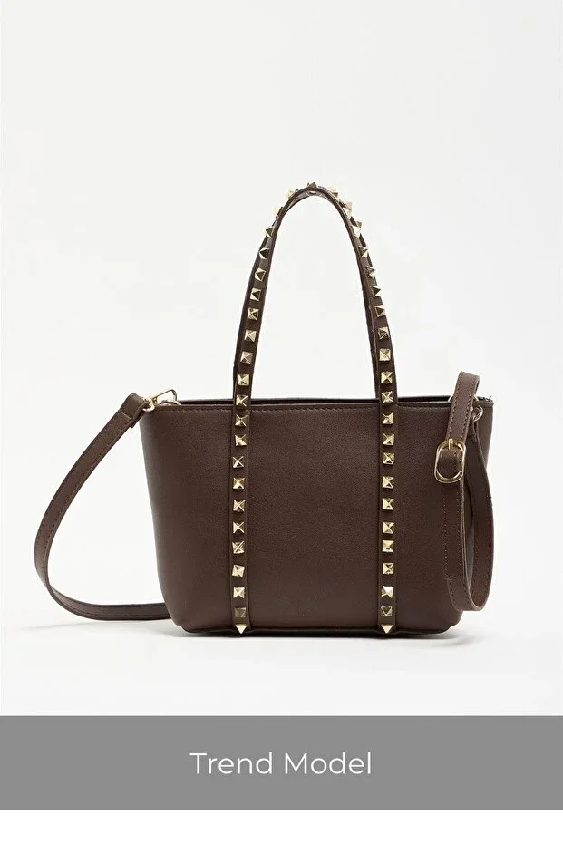 Brown Women's PU Leather Handbag with Studs and Buckle