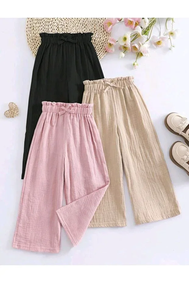 3-Pack Girls' Wide Leg Muslin Pants