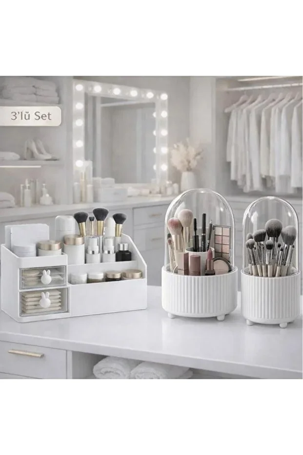 Drawer Makeup Organizer, 360° Rotating and Brush Holder 3-Piece Set White