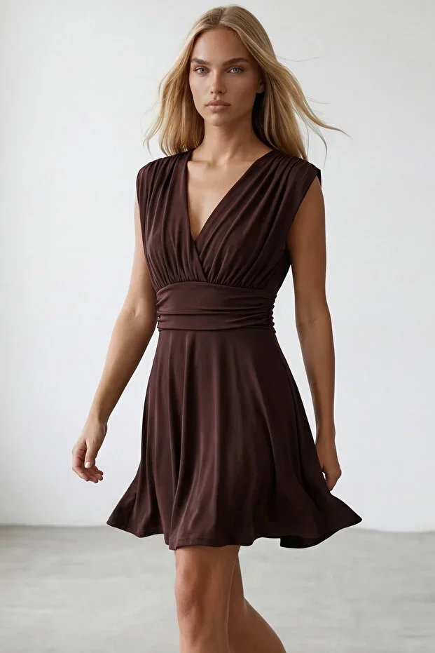 Brown V-Neck Corset Waist Detail Flared Dress Alc-X12153