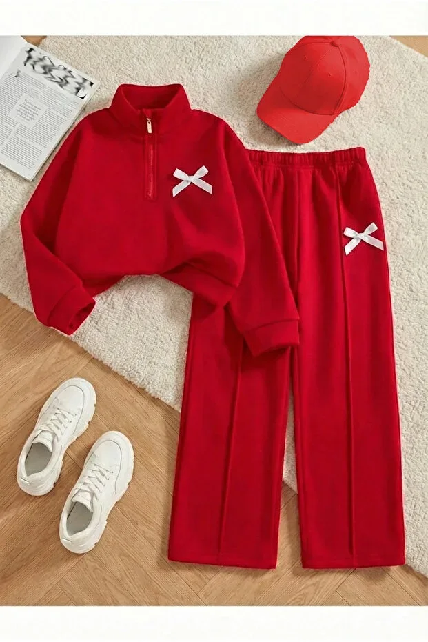 Children's New Bow Print 100% Cotton Long Sleeve Half Zip Sweatshirt-Tracksuit (3-12 Years)