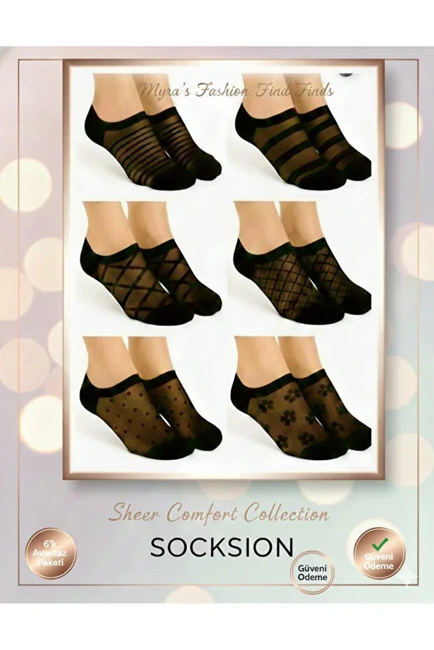 Women's Patterned 6-Pack Black Tulle Ankle Socks