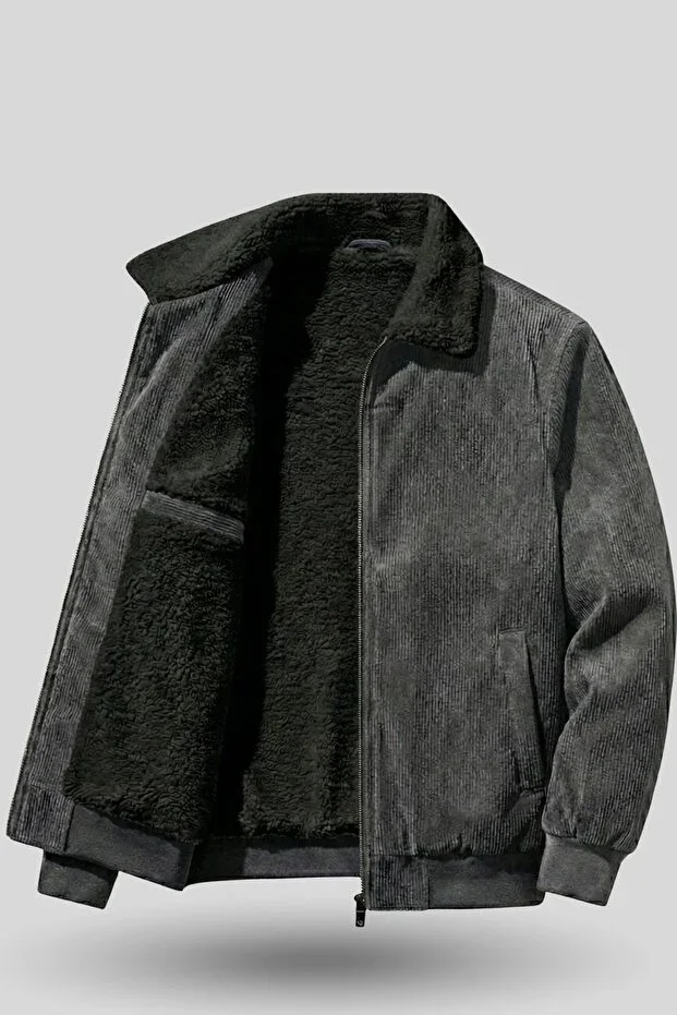 Men's Velvet Jacket Plush Lined Full Zip Shirt Collar Sport Jacket