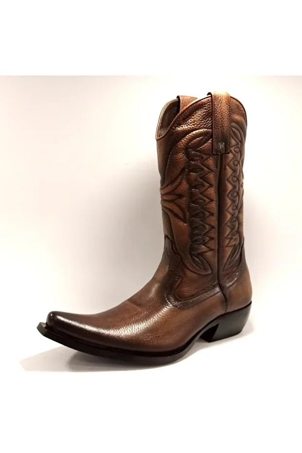 Men's Genuine Leather Embroidered Brown Western Boots Pointed Toe Cowboy Boots